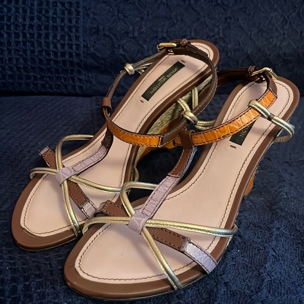 Louis Vuitton Brown and Gold Strappy Sandals